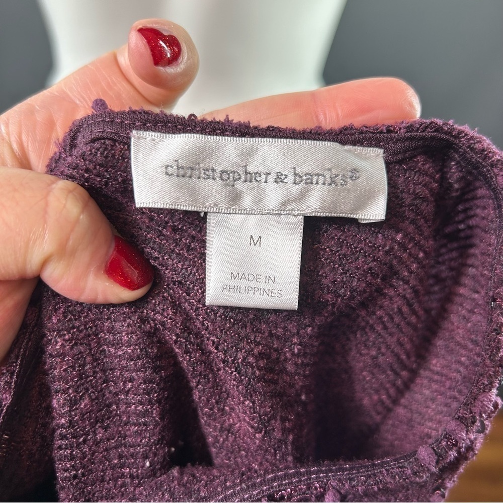 Christopher & Banks Plum Boucle Sequin Flutter Sleeve Sweater M - Picture 5 of 7